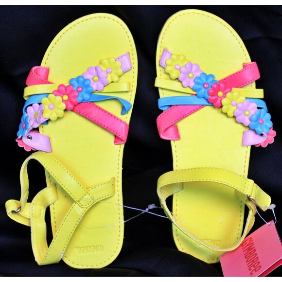 2009 Gymboree Happy Rainbow Sandals Shoes sz 2 Bright Yellow Flowers Strappy - Picture 1 of 5